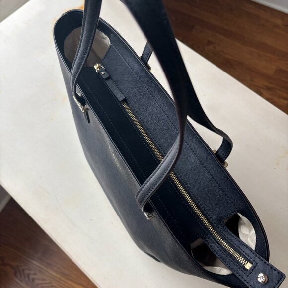 Kate Spade Black Leather Tote Bag | Large Zipper Top Purse with Gold Hardware - Picture 8 of 9